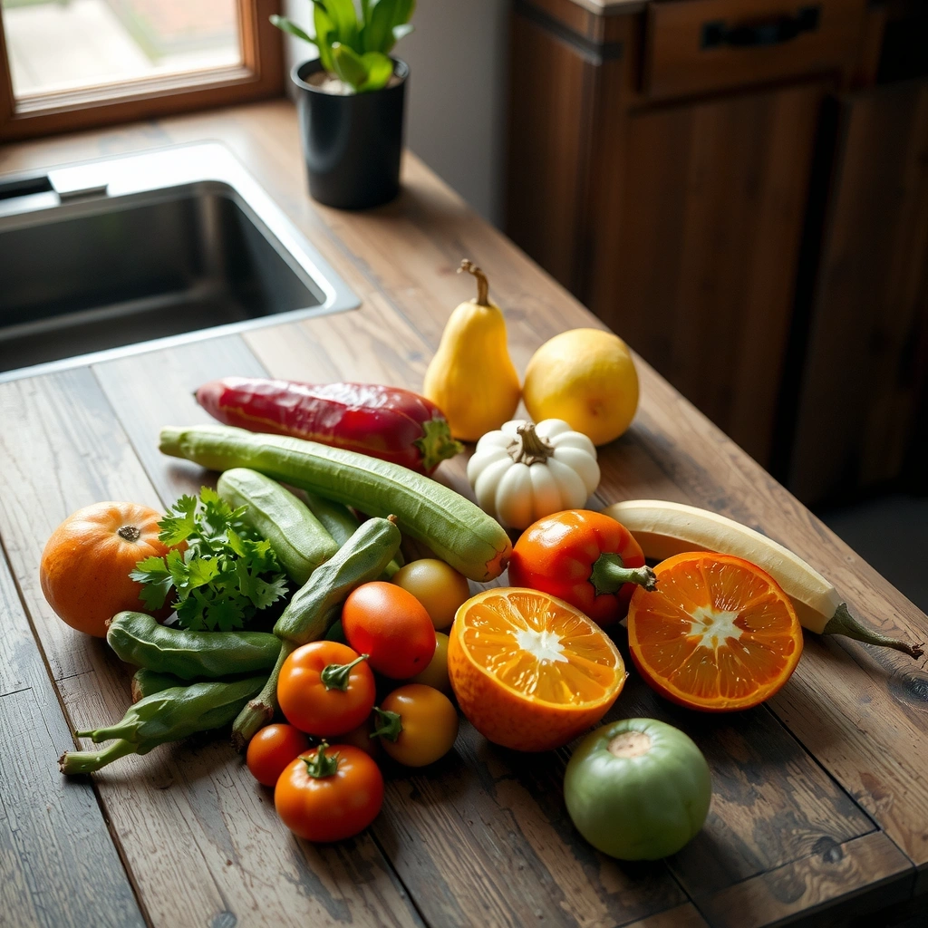 จานผักและผลไม้สดบนโต๊ะไม้